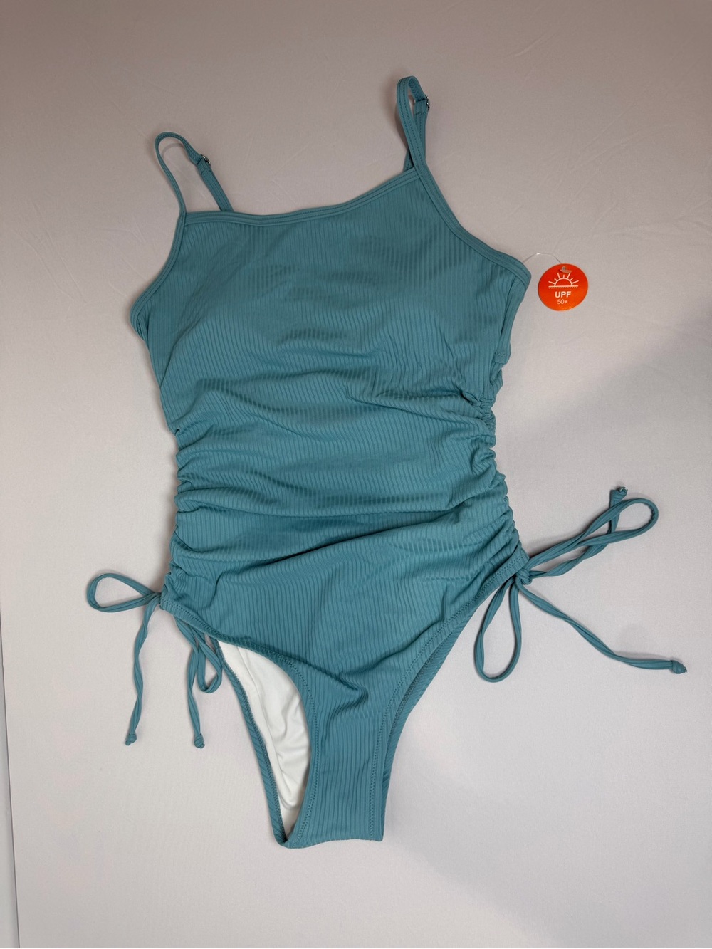 Charmo Ribbed Light Blue One-Piece Swimsuit with Side Drawstrings Small